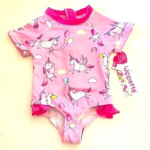 Wippette Baby Girl Unicorn Pink Zip Up Ruffles UPF 50 Swimming Rashguard Sz 0-6M